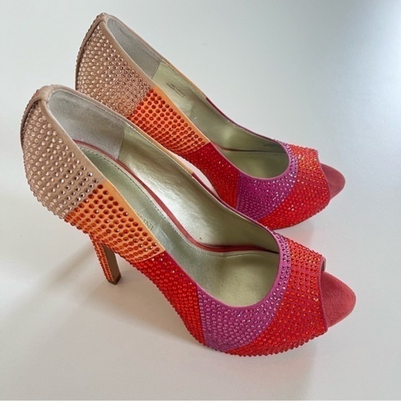 Platform Heels Enzo Angiolini 10 Barbie Peep Toe Stiletto Red Pink Orange - Picture 2 of 12